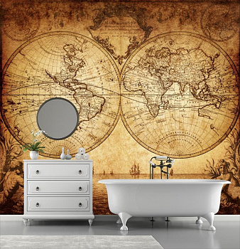 Карта мира на глобусе  в интерьере ванной