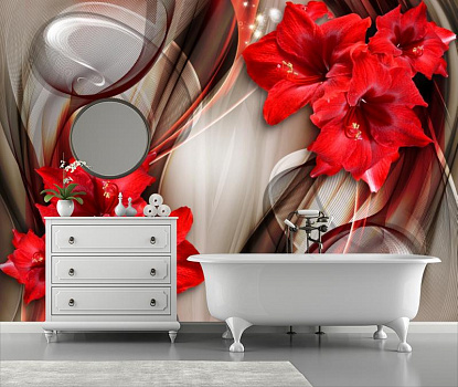 Красные лилии  в интерьере ванной