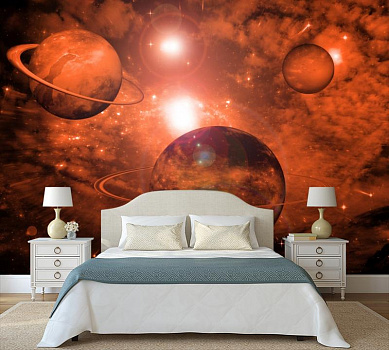 Планеты в свете солнца в интерьере спальни