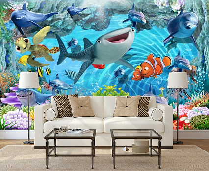 Подводный мир мультфильмов в интерьере гостиной с диваном