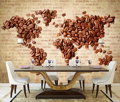Кофейная карта мира в интерьере кухни с большим столом
