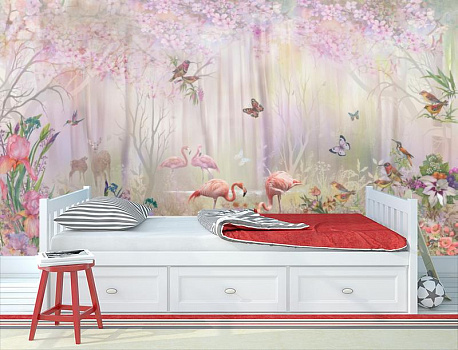 розовые фламинго в лесу в интерьере детской комнаты мальчика