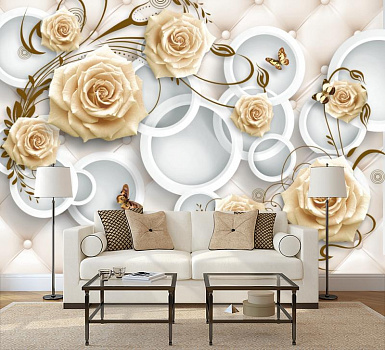 Чайные розы в кругах в интерьере гостиной с диваном