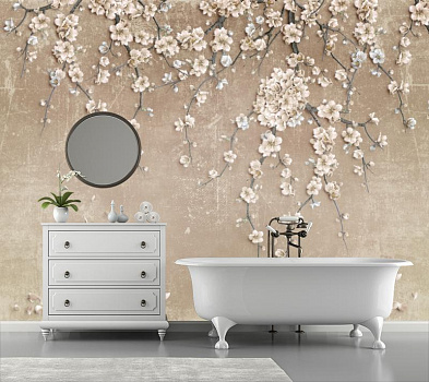 Ветка цветущего дерева в интерьере ванной