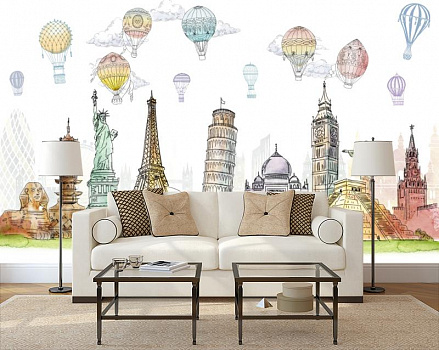 Воздушные шары над известными памятниками мира в интерьере гостиной с диваном