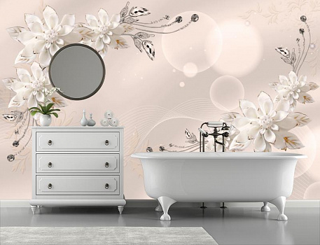 Белые цветы из фарфора в интерьере ванной