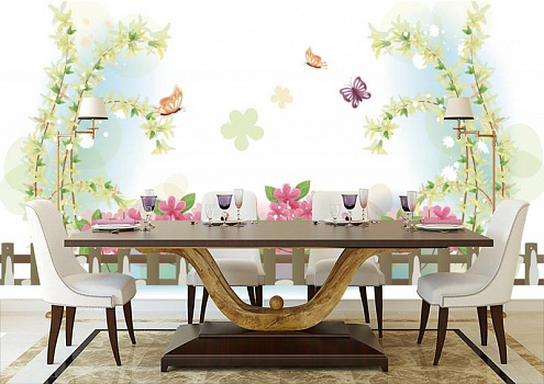 Бабочки на розовыми цветочками в интерьере кухни с большим столом