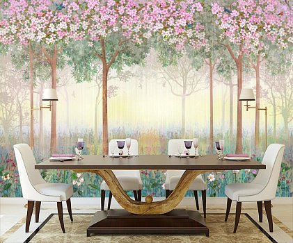Весенний лес в интерьере кухни с большим столом