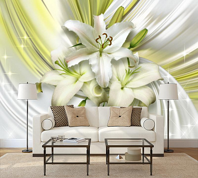 Лилии в белом шелке в интерьере гостиной с диваном