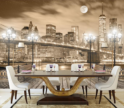 Терраса с видом на Брукленский мост в интерьере кухни с большим столом