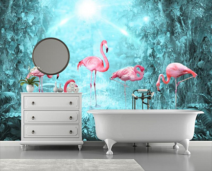 Розовые фламинго  в интерьере ванной