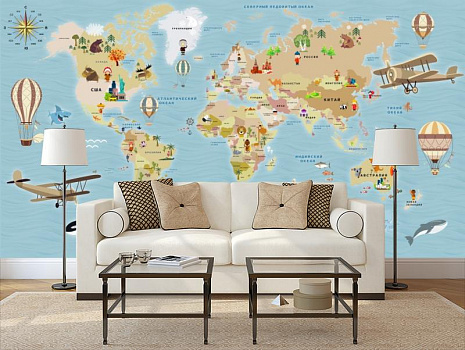 Карта мира в спокойных тонах в интерьере гостиной с диваном