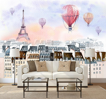 Воздушные шары над городом в интерьере гостиной с диваном