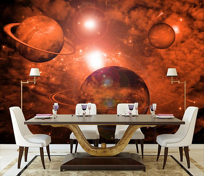Планеты в свете солнца в интерьере кухни с большим столом
