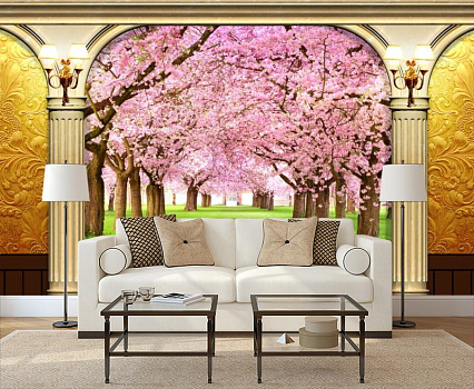 Парк цветущей сакуры в интерьере гостиной с диваном