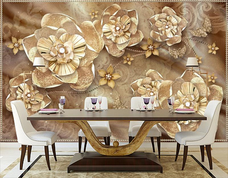 Золотые цветы на шоколадной ткани в интерьере кухни с большим столом