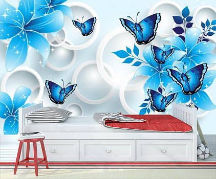 Голубые бабочки с белыми кругами в интерьере детской комнаты мальчика