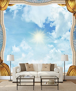Небо с белыми облаками в интерьере гостиной с диваном