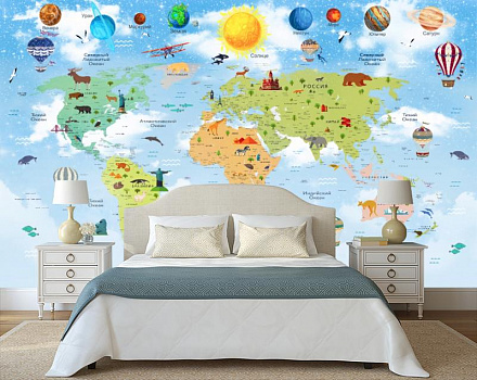 Детская карта мира с планетами в интерьере спальни