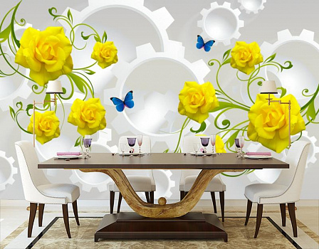 Желтые розы на белых фигурах в интерьере кухни с большим столом