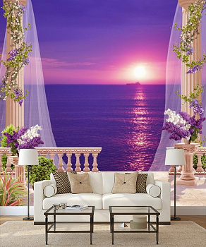Фиолетовый закат в интерьере гостиной с диваном