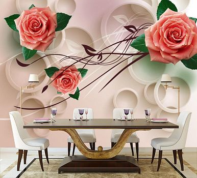 Белые круги с красными розами в интерьере кухни с большим столом