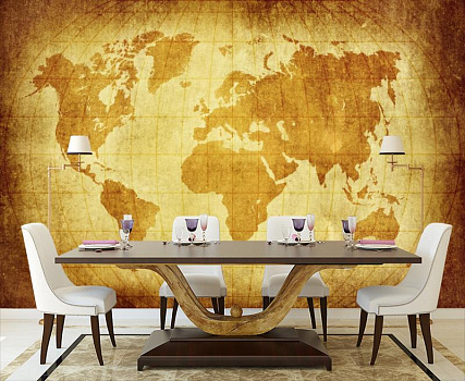 Карта мира  в интерьере кухни с большим столом