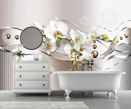 Белая орхидея с лентой в интерьере ванной