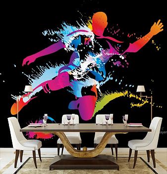 Разноцветный футболист в интерьере кухни с большим столом