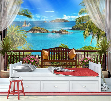 Терасса со морским пейзажем  в интерьере детской комнаты мальчика