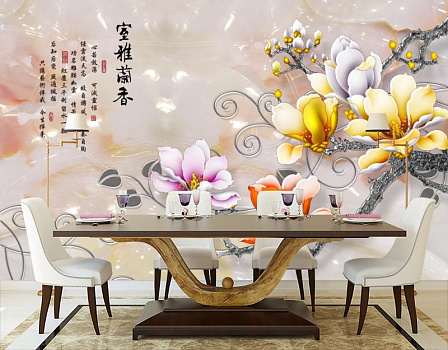 Китайская цветущая ветвь  в интерьере кухни с большим столом