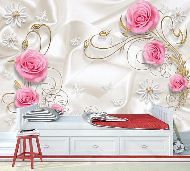 Розовые розы на белом шелке в интерьере детской комнаты мальчика