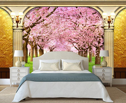 Парк цветущей сакуры в интерьере спальни
