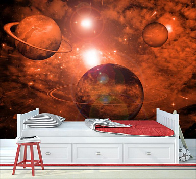 Планеты в свете солнца в интерьере детской комнаты мальчика