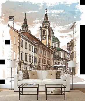 Рисунок городской улицы в интерьере гостиной с диваном