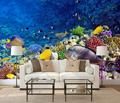 Красочный подводный мир в интерьере гостиной с диваном