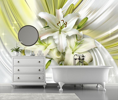 Лилии в белом шелке в интерьере ванной