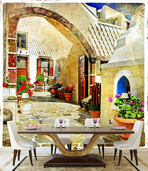 Цветущий дворик в интерьере кухни с большим столом