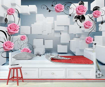 Белые геометрические фигуры с розами в интерьере детской комнаты мальчика