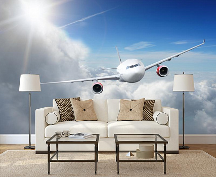Белый самолет над облаками в интерьере гостиной с диваном