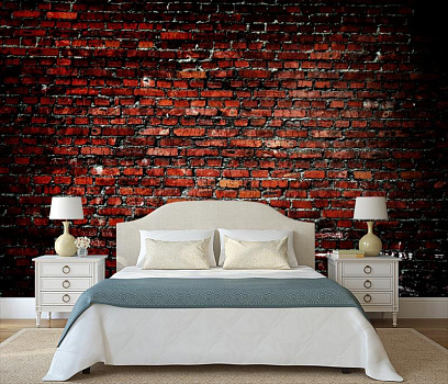 Черно-красная стена из кирпича в интерьере спальни