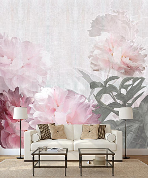 Нежные розовые пионы   в интерьере гостиной с диваном