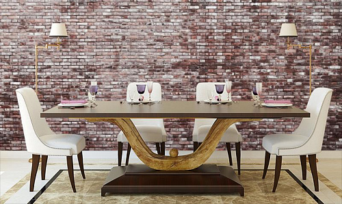 Стена из коричневого кирпича в интерьере кухни с большим столом