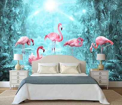Розовые фламинго  в интерьере спальни