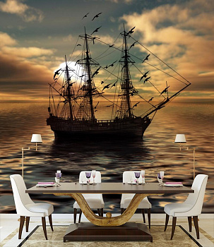 Корабль в ночном море в интерьере кухни с большим столом