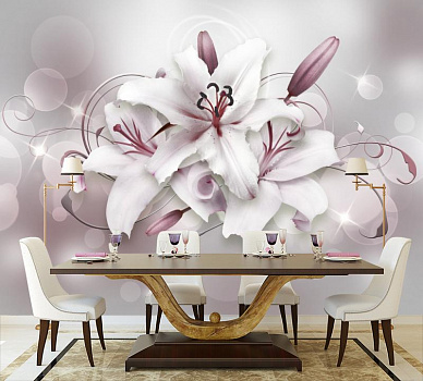 Белые лилии в серебристом цвете   в интерьере кухни с большим столом