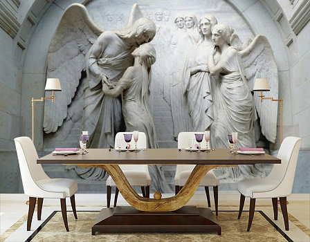 Каменные ангелы в интерьере кухни с большим столом