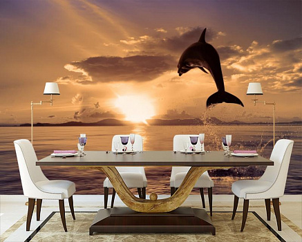 Дельфин на закате в интерьере кухни с большим столом