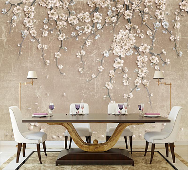 Ветка цветущего дерева в интерьере кухни с большим столом