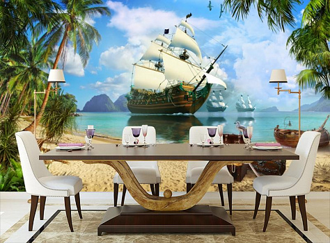 Корабли у необитаемого острова в интерьере кухни с большим столом